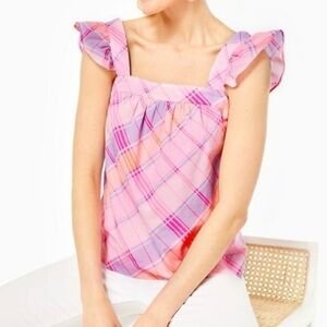 Lilly Pulitzer Reyna Top Pink Isle Plaid Ruffle Sleeves Small